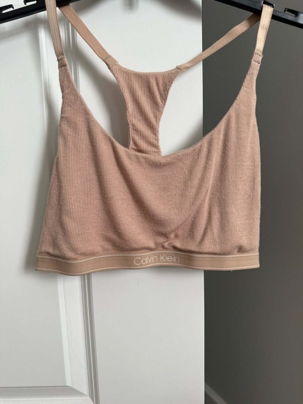 Calvin Klein Ribbed Racerback Bralette in Light Beige